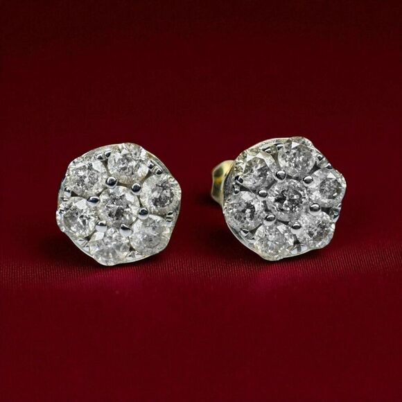 10K Yellow Gold Genuine Diamond Unisex 8mm Floral Set Flower Stud Earrings 1 CT - Picture 1 of 16